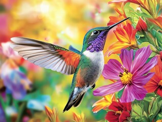 Fototapeta premium hummingbird hovering gracefully amidst a vibrant bouquet of flowers, showcasing its iridescent feathers and delicate beauty, set against a lush garden backdrop