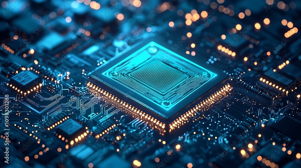Poster sleek and futuristic digital background featuring a glowing chip circuit board with geometric patter