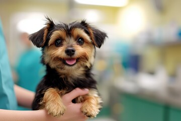 Comforting moment smiling puppy held gently by hands in a medical environment evoking joy and warmth