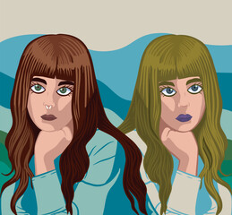 Portrait of twins sisters with brown hair and blonde hair with abstract background. Pop art.