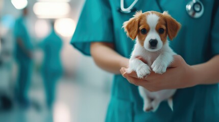 Veterinarian handing healthy puppy to owner in clinic heartwarming moment medical environment close-up view