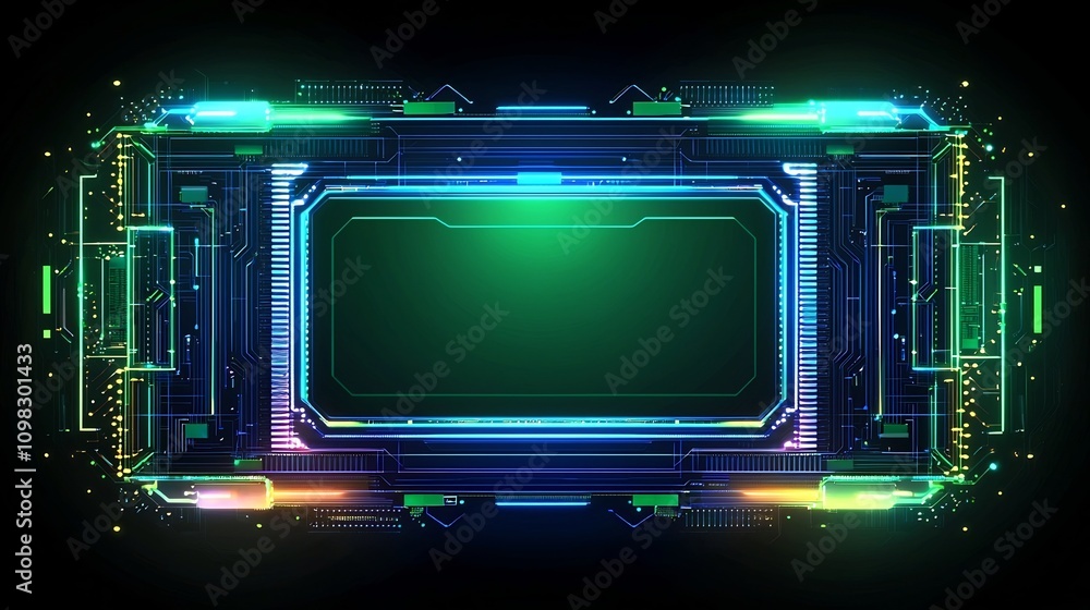 Poster sleek and innovative abstract blue and green technology circuit background with chip and open text a