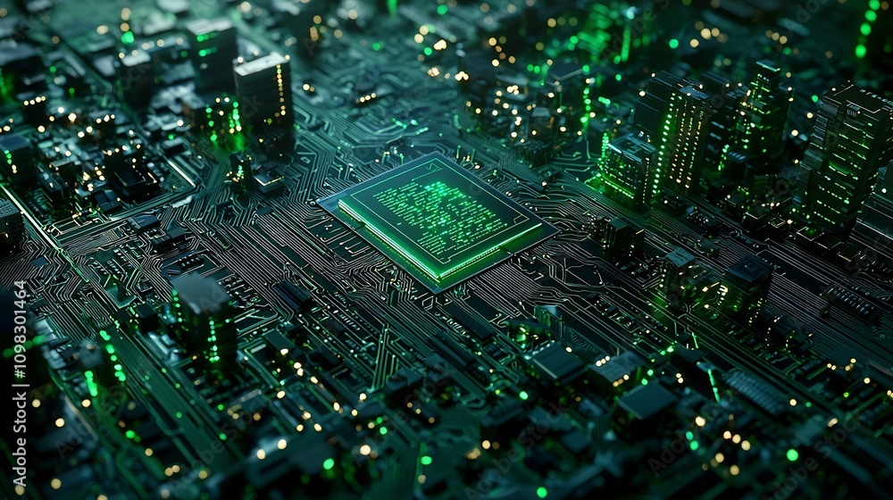 Poster sleek and innovative abstract blue and green technology circuit background with an open area showcas