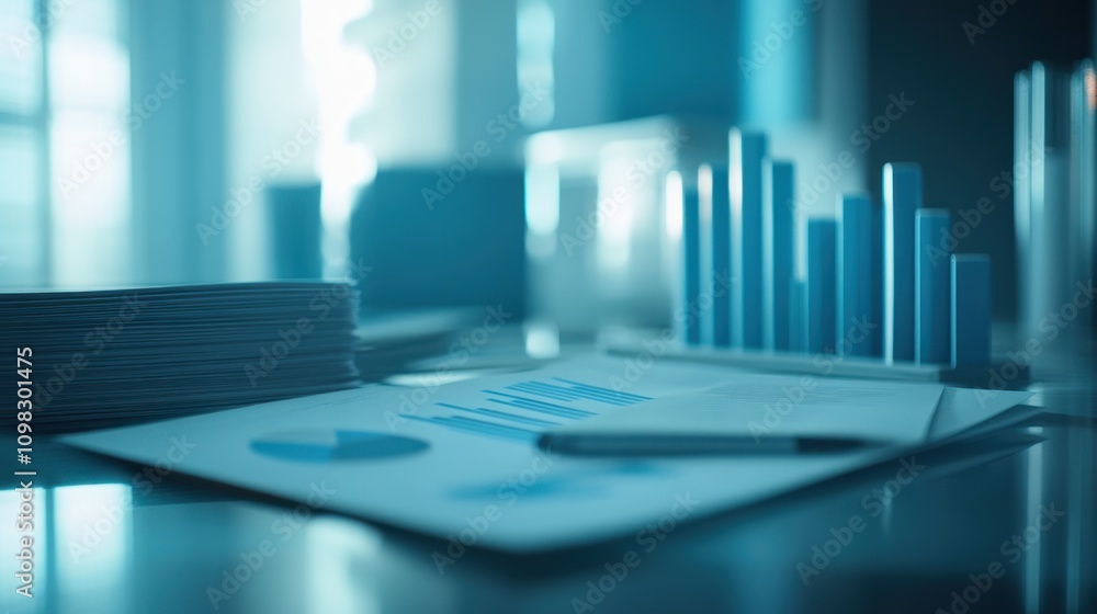 Poster a workspace with financial charts and graphs, emphasizing data analysis and reporting.