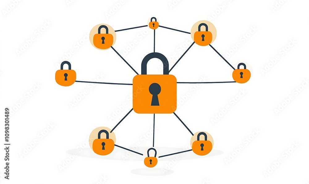 Poster a graphic representation of interconnected locks symbolizing security and data protection.