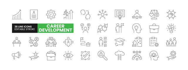 Set of 36 Career Development line icons set. Career Development outline icons with editable stroke collection. Includes Growth, Intern, Creativity, Decision Making, Networking, and More.