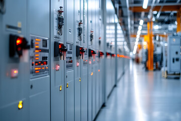 Modern data center server room with electrical control panels and led indicators. Industrial automation system. Network infrastructure. Technology maintenance facility with copy space