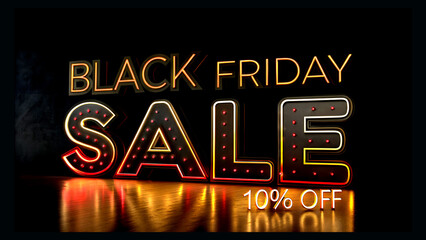 Black Friday sale 10% percent off neon design, discount tags, shopping promotion, online marketing label, special store offers, advertising badge, business concept, product deal, chalkboard style