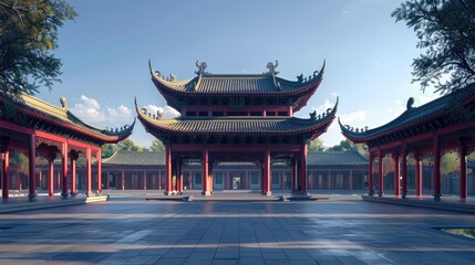 Obraz premium Stunning Traditional Temple Architecture Surrounded by Lush Greenery
