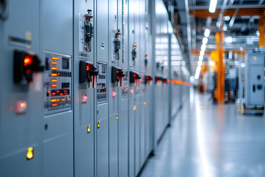 Modern data center server room with electrical control panels and led indicators. Industrial automation system. Network infrastructure. Technology maintenance facility with copy space