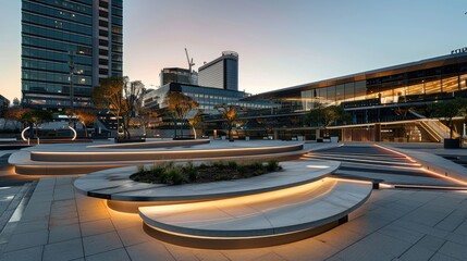 Fototapeta premium Contemporary Urban Plaza at Twilight with Architectural Lighting
