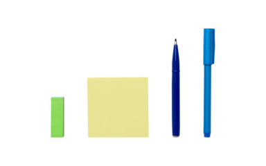 Stationery clippings of blue sign and ballpoint pens, yellow square sticky notes and yellow-green sticky notes	

