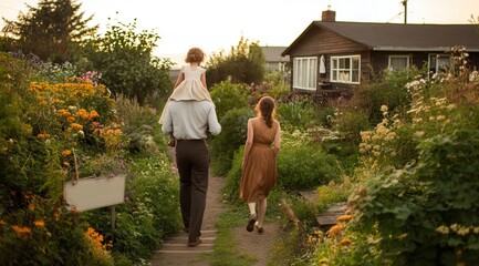 Family enjoys a walk through a vibrant garden at sunset near their cozy home