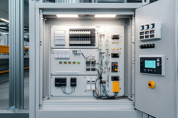 Modern electrical control panel with digital display and circuit breakers in industrial facility. Automation system cabinet with power distribution equipment and monitoring screen
