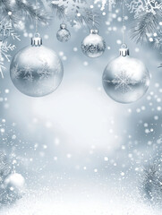 Silver Christmas Wreath with Snowflakes and Ornaments, Empty Center for Text, Soft Snowfall Background, Ideal for Festive Greetings and Holiday Designs