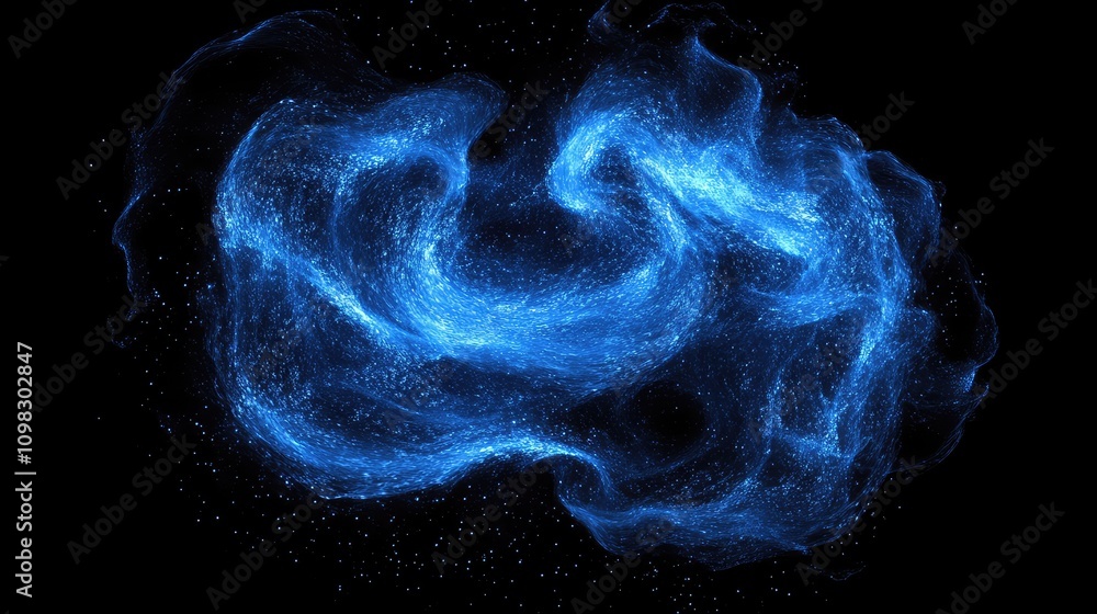 Poster digital particle cloud effect in vibrant blue, mimicking swirling data clusters over dark background