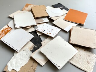 A pile of handmade holiday cards crafted from reused cardboard and decorated with natural pigments