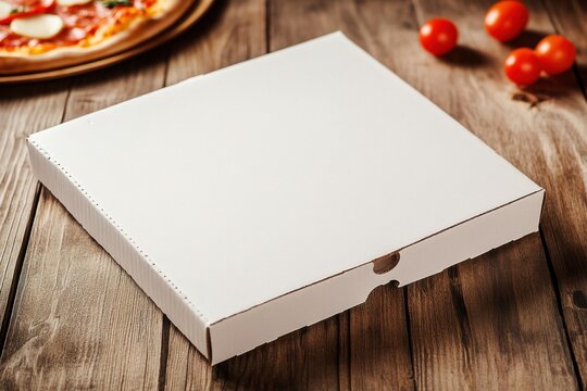Blank white pizza box at angle with textured cardboard visible, captured using wide-angle lens on overhead natural lighting, with copy space