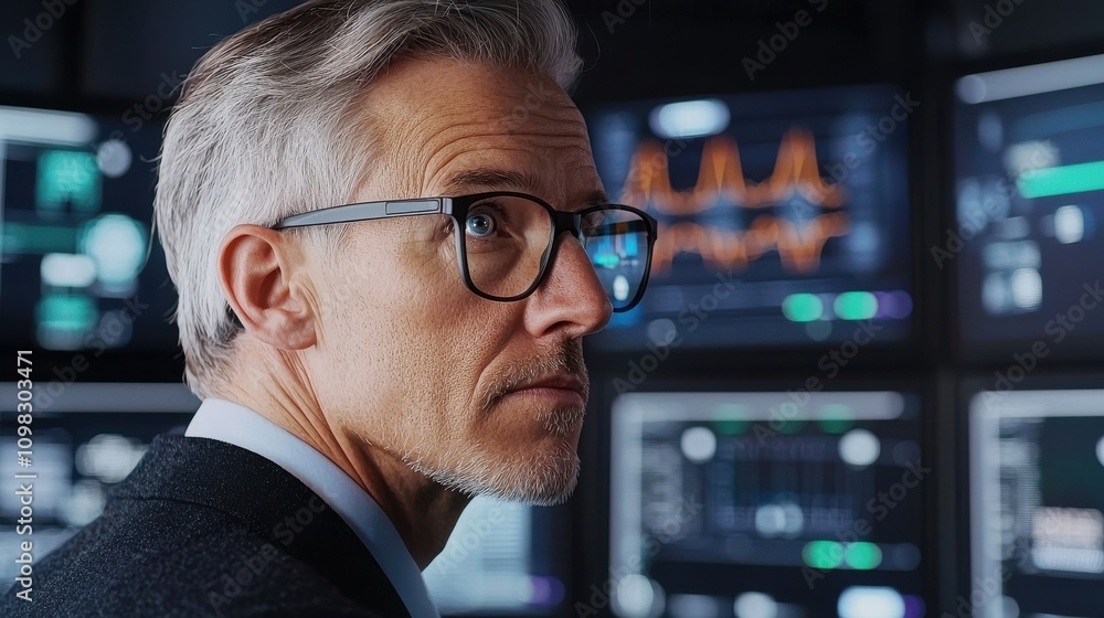 Poster internet of medical things concept. a focused professional analyzes data on multiple screens, showca