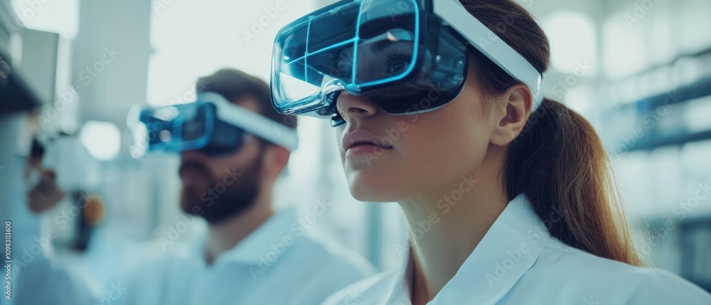 Poster scientists using virtual reality headsets in a laboratory setting.