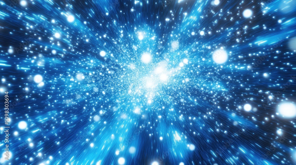 Aufkleber digital particles moving in synchronized paths, simulating data transfer in bright blue and white to