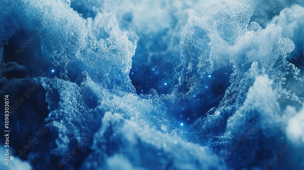 Aufkleber digital particles moving in synchronized paths, simulating data transfer in bright blue and white to