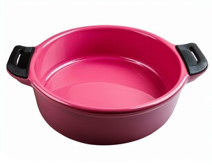 Bright pink ceramic baking dish with ergonomic handles, isolated on a transparent background, ideal for cookware branding and kitchen catalogs