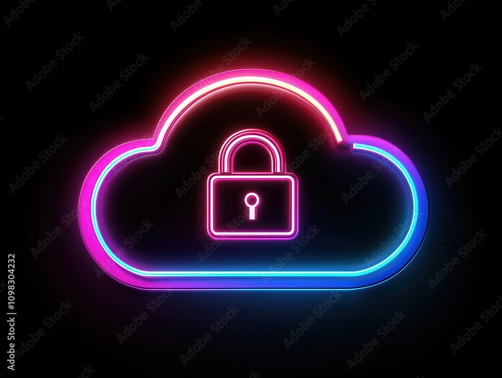 Poster neon cloud with a locked padlock icon, representing the concept of data protection and security in t