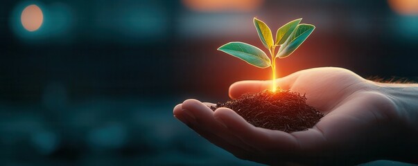 investment opportunities startups financial returns concept. Investor s hand nurturing a glowing sapling that grows into a thriving startup ecosystem