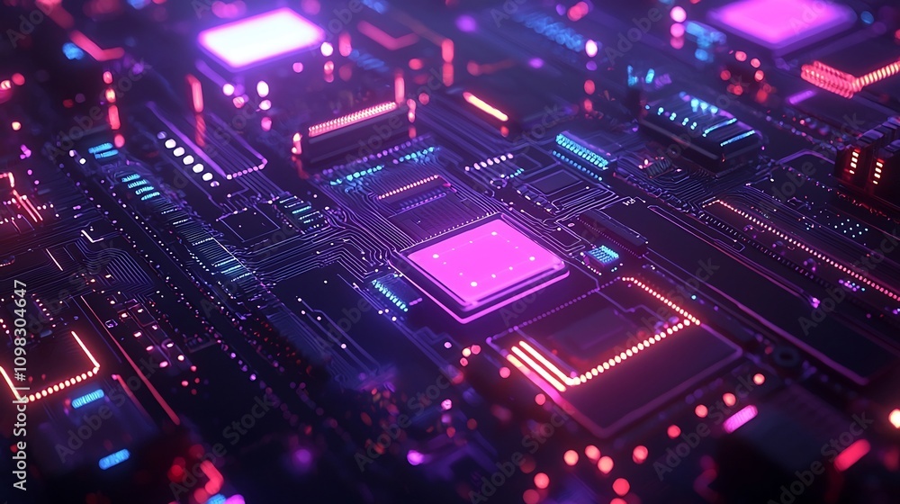Poster stylish high tech background showcasing a glowing circuit design in cool blue and purple tones clean