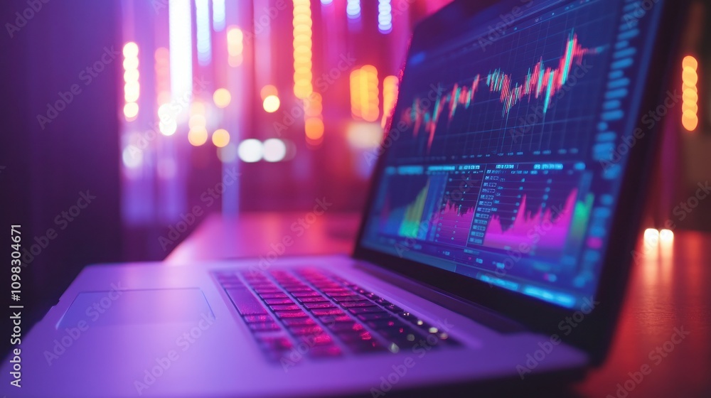 Poster A laptop displaying financial charts and data in a colorful, illuminated environment.