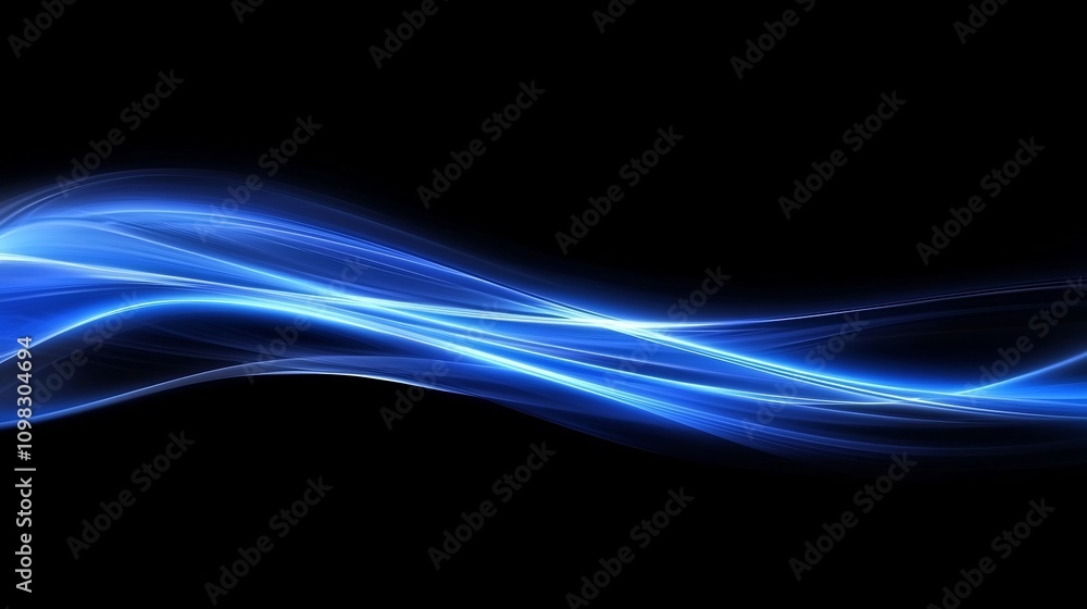 Poster sweeping blue light lines cutting dynamically across a dark minimalist backdrop with open space for 