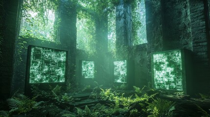 Fototapeta premium A serene, overgrown ruin with glowing screens, blending nature and technology, evokes a sense of mystery and exploration.