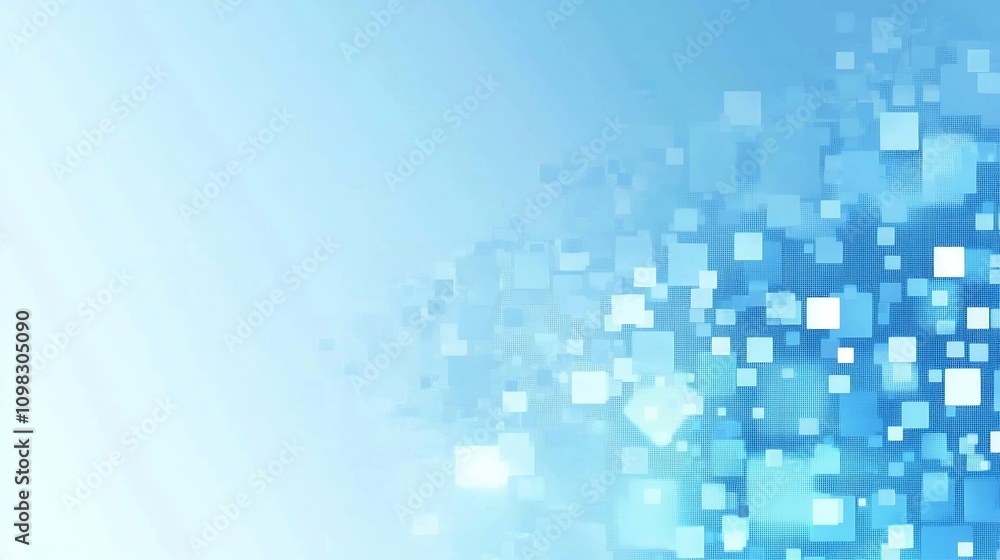 Poster vibrant abstract pixel patterns on a minimalist futuristic blue digital backdrop with ample room for