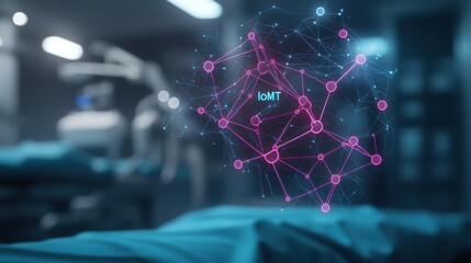 Internet of Medical Things concept. A futuristic medical scene featuring a digital network visualization above a surgical table, highlighting advanced technology in healthcare.