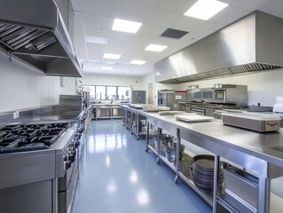 professional kitchen design featuring stainless steel equipment and a spacious layout for catering, highlighting efficiency and modern culinary practices