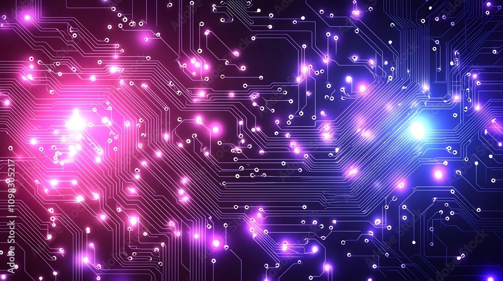 Poster vibrant and futuristic blue and purple electronic circuit background with ample space for text or de