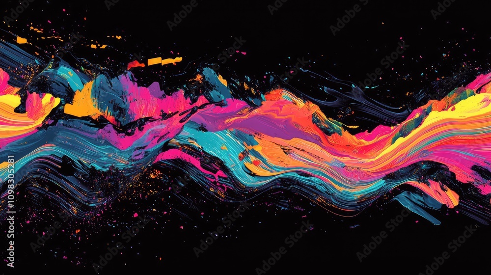 Aufkleber disrupted data flow with overlapping glitch streaks and saturated neon colors on a black background
