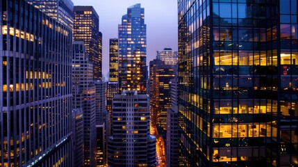 Obraz premium Vibrant Cityscape at Dusk with Illuminated Skyscrapers