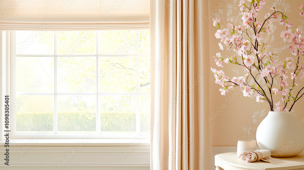 Poster Delicate cherry blossoms in a vase complement a softly lit room with light curtains and a tranquil atmosphere, perfect for relaxation