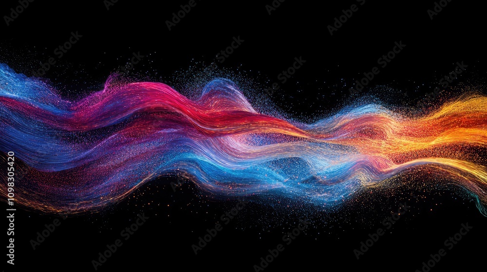 Poster disrupted data flow with overlapping glitch streaks and saturated neon colors on a black background