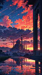 Naklejka premium wallpaper muslim mosque islamic sunset background