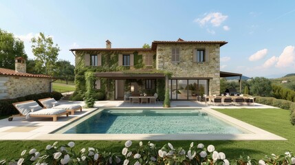Fototapeta premium Serene Stone Villa with Inviting Pool and Lush Garden