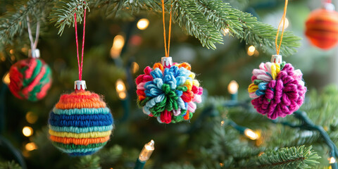 Colorful handmade Christmas decorations on Christmas tree branch.