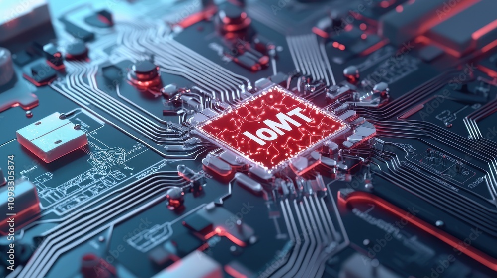 Poster internet of medical things concept. a close-up of a circuit board featuring a red iot chip, showcasi