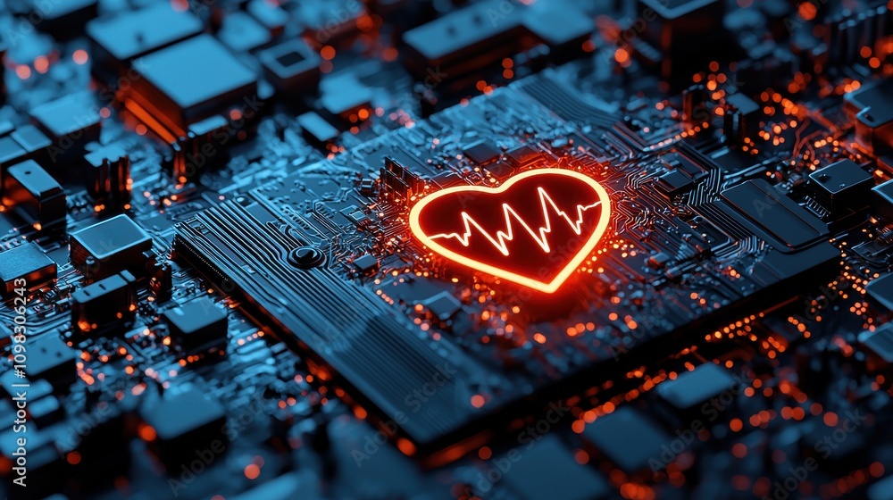 Poster iomt concept. a close-up view of a microchip with a glowing heart symbol, representing technology an