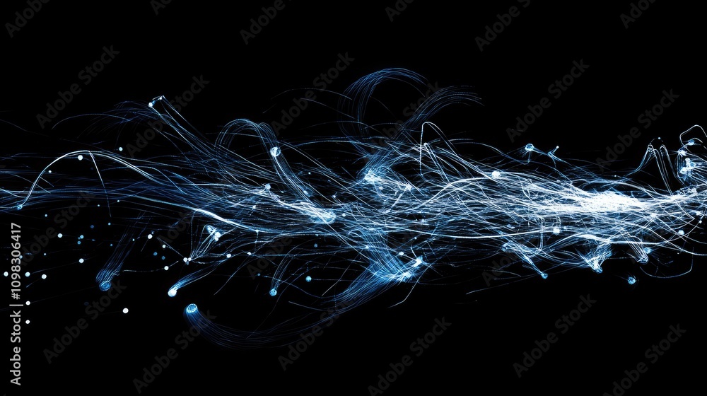 Poster dynamic lines and dots showing data points in motion, in electric blue and white against a black bac