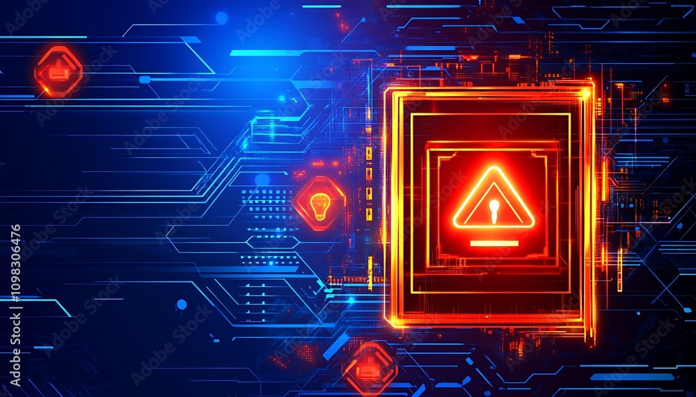 Aufkleber a digital warning symbol on a circuit-like background, indicating a potential issue or alert.