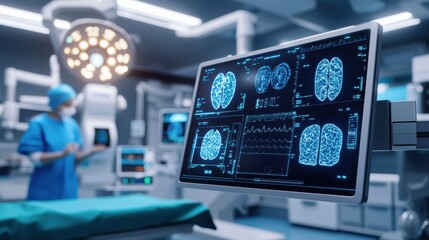 Internet of Medical Things concept. A modern surgical room with a monitor displaying brain scans, highlighting advanced technology and a healthcare professional in surgical attire.