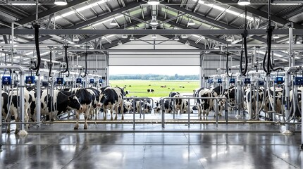Cows Entering Milking Parlor: Dairy cows entering a modern, automated milking parlor on a farm.
